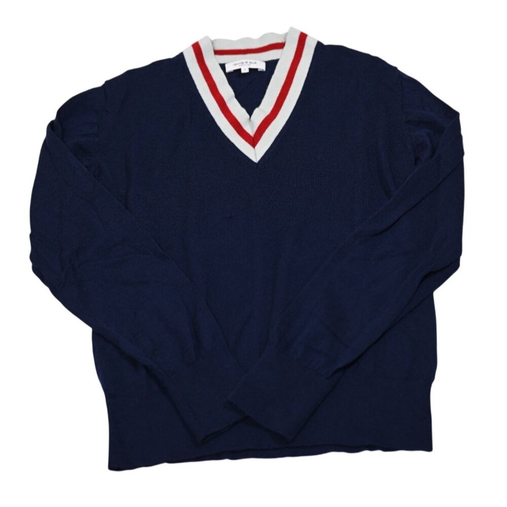Sporty & Rich Embroidered Striped Merino Wool Sweater in Navy